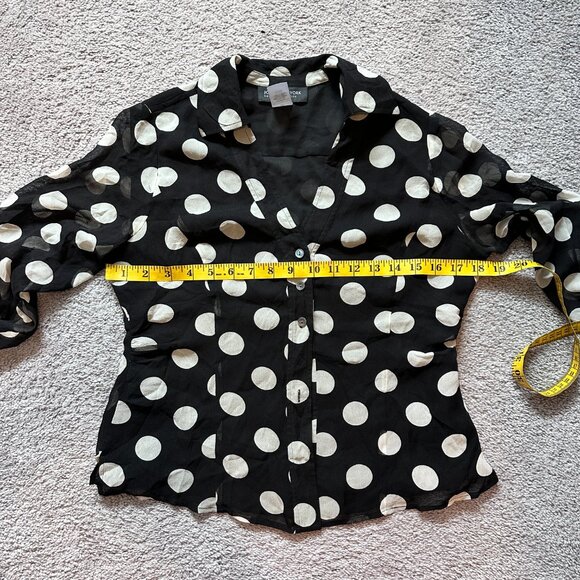 JONES NEW YORK PETITE  | Polka Dot Blouse w Sheer Sleeves | Blk White | Size: 6P - Picture 5 of 13